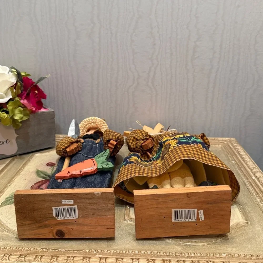 Vintage Wooden Easter Bunny Country Couple Farmers Primitive Country Folk Art